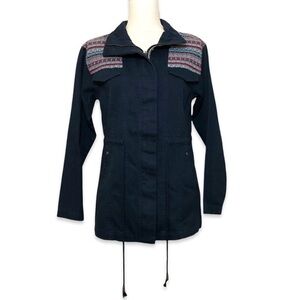 NWOT Navy Blue Utility Jacket Coat New Tribal Embroidered Print Skies Are Blue